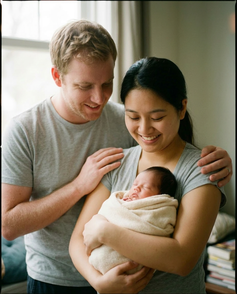 Quiet candid of dad and mom with their newborn