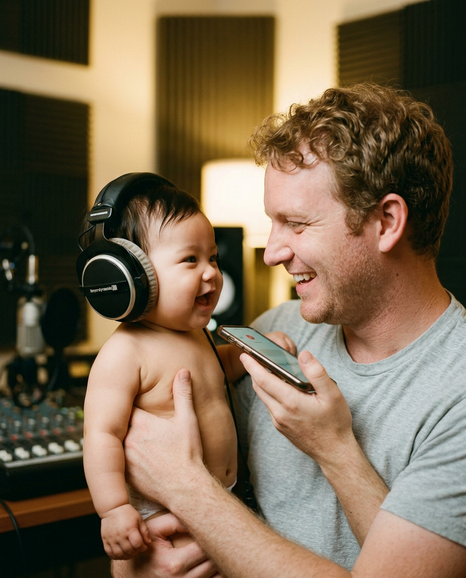Dad recording a quiet voice memo with baby