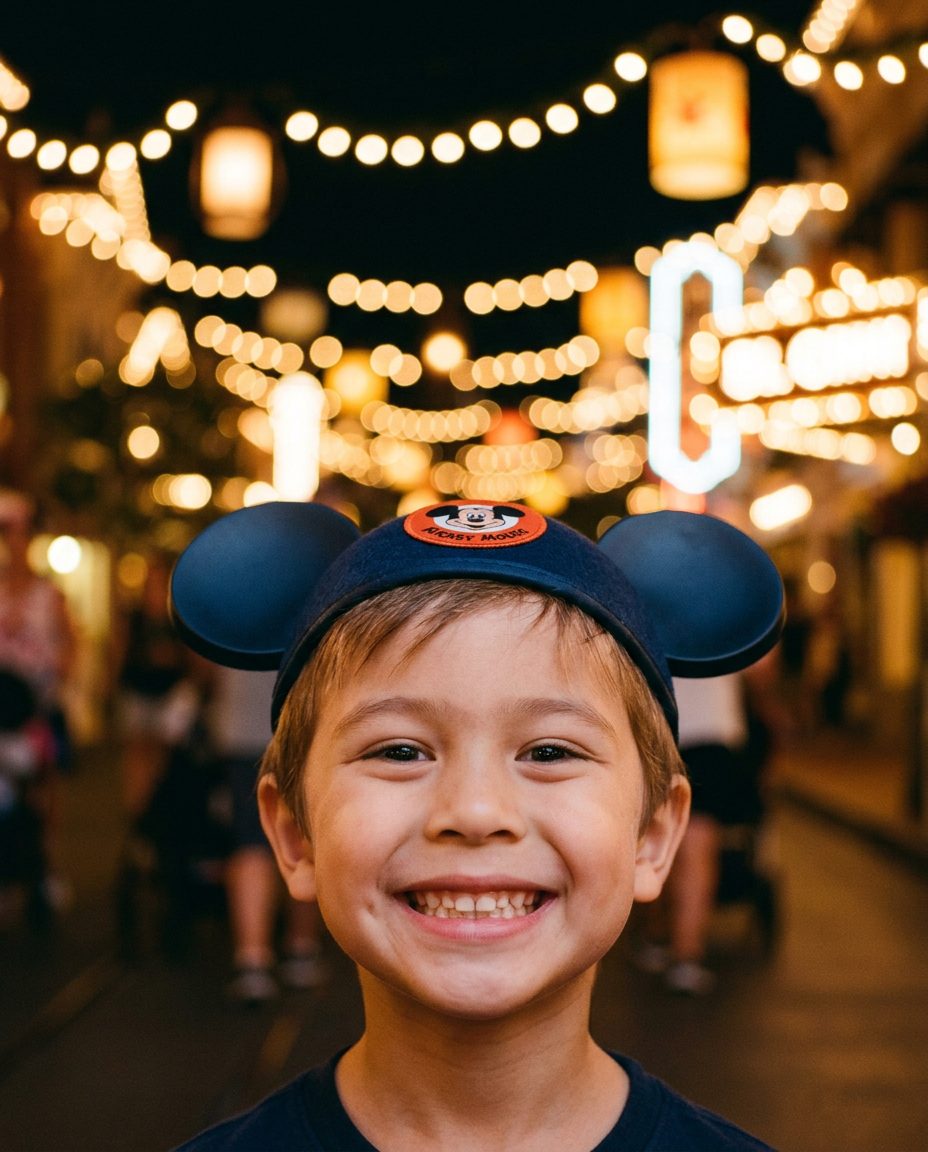 Son beaming with Mickey ears on his birthday