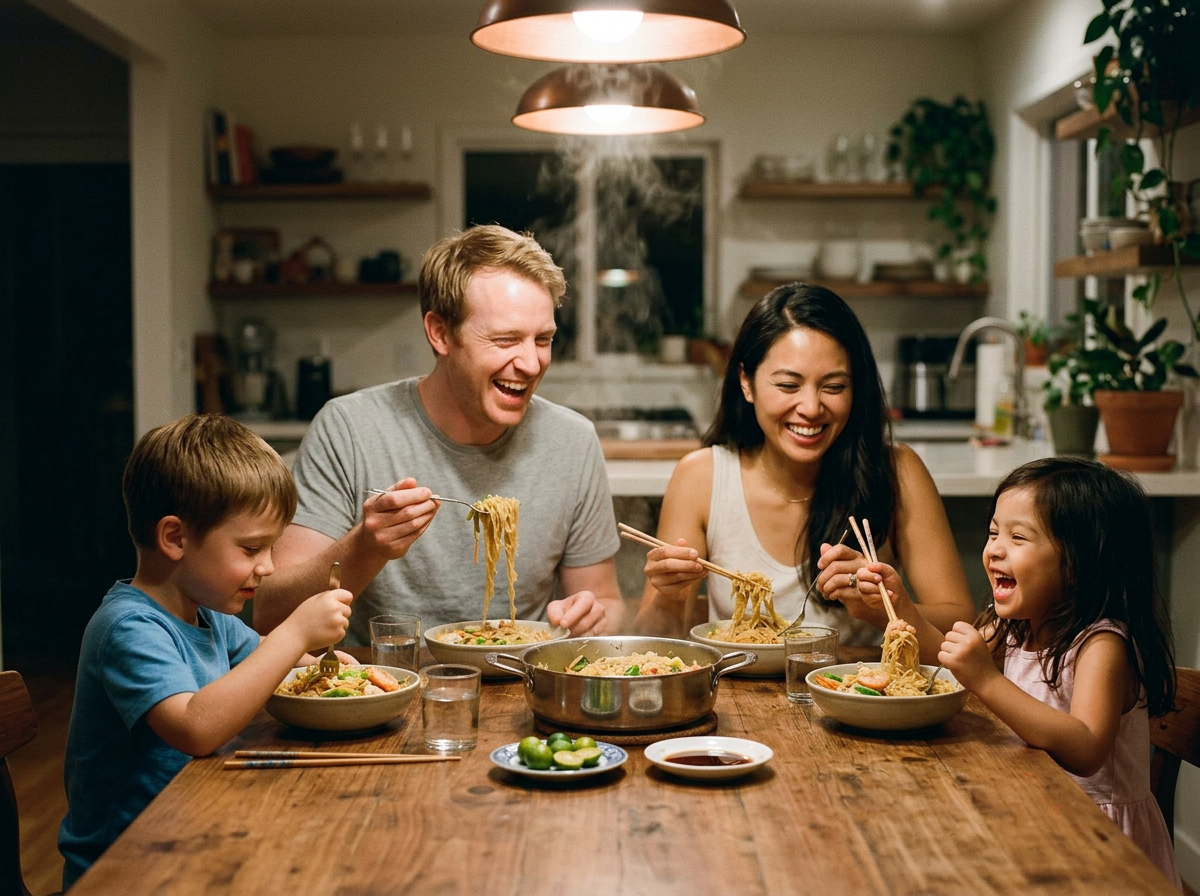 Family dinner — pancit at the kitchen table