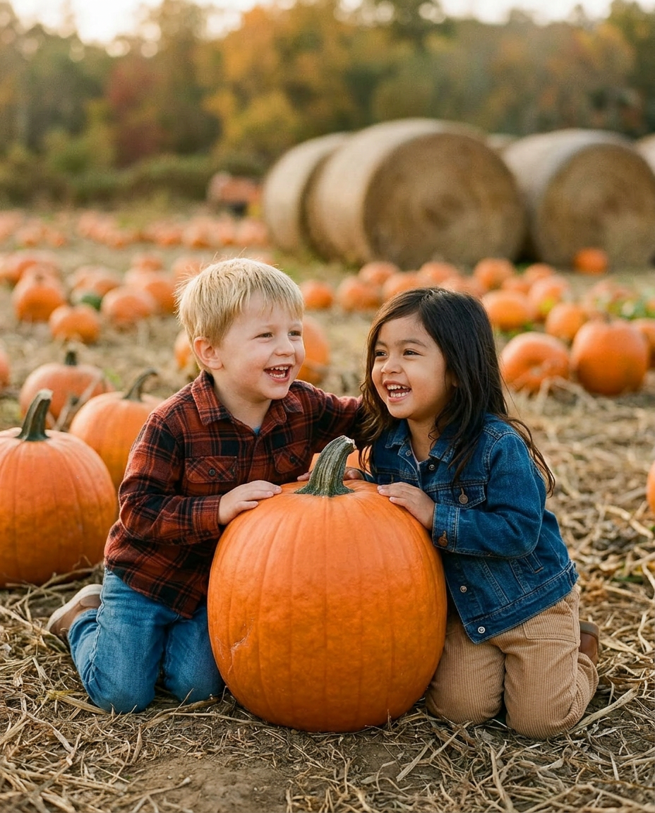 Kids picking pumpkins at the patch