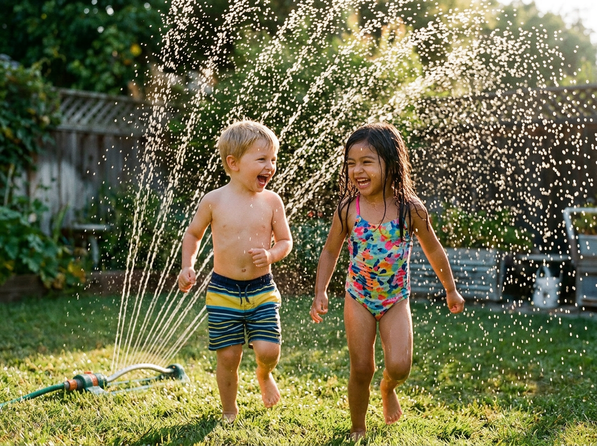 Brother and sister running through the sprinkler